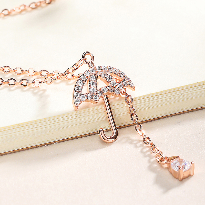 Female Sterling Silver 925 Necklace Dazzling Umbrella Shape Zircon Pendant Rose Gold Plated Wonderful Jewelry