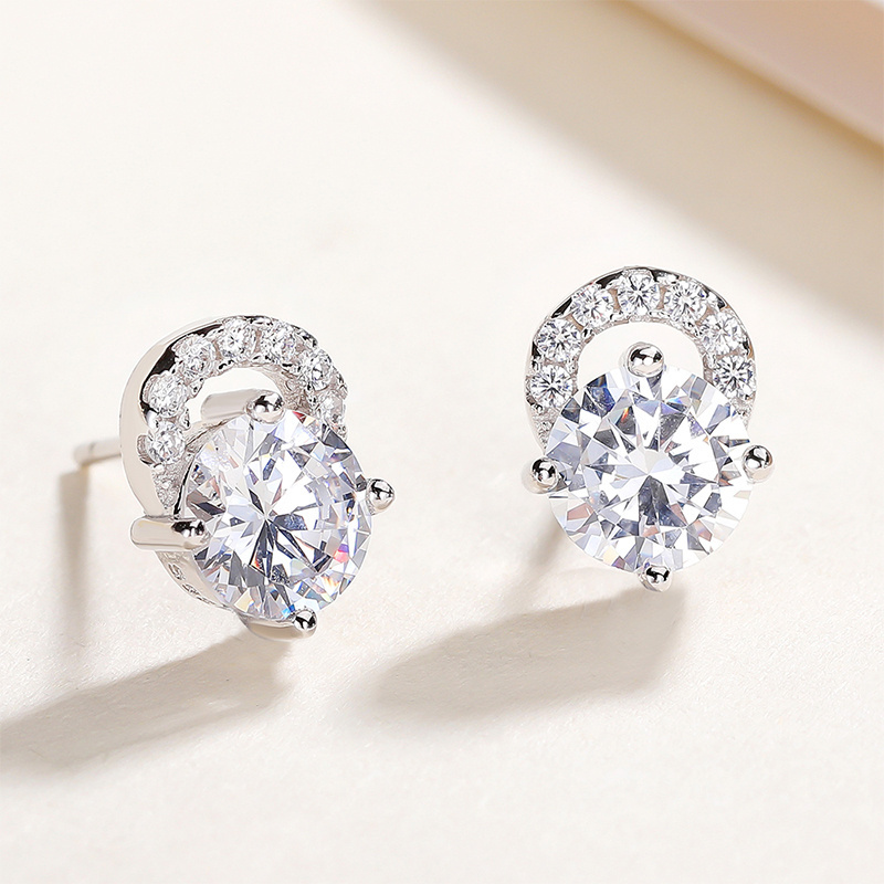 Fashion Stud Earrings Round Cut Jewelry S925 Sterling Silver Platinum Plated White Zircon Earrings For Women