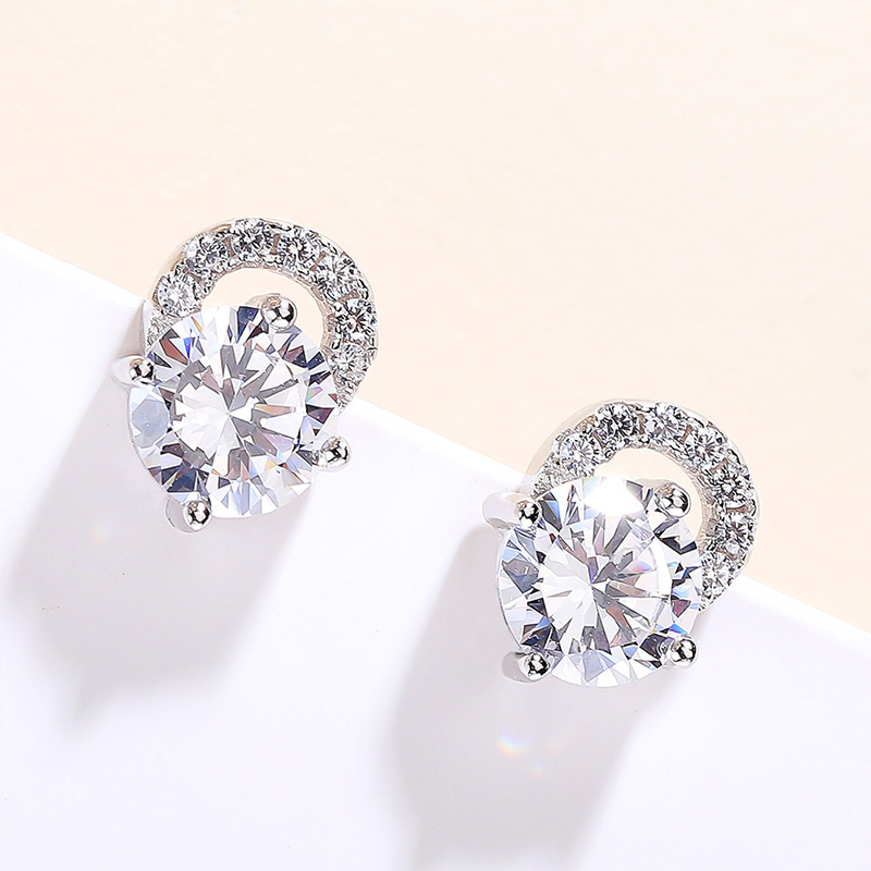 Fashion Stud Earrings Round Cut Jewelry S925 Sterling Silver Platinum Plated White Zircon Earrings For Women