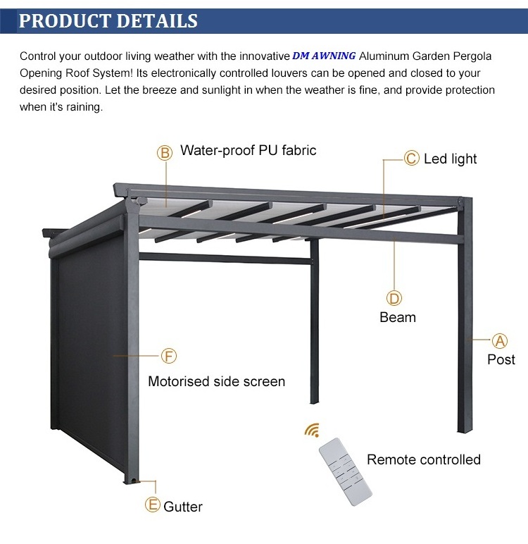 Motorized outdoor Aluminium Canopy Pergola Roof Systems PVC Pergola With LED Lights