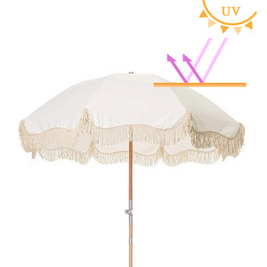 Luxury Custom 8ft Folded Portable Bohemian Boho Wooden Shaft Parasol Sun White Outdoor Beach Umbrella