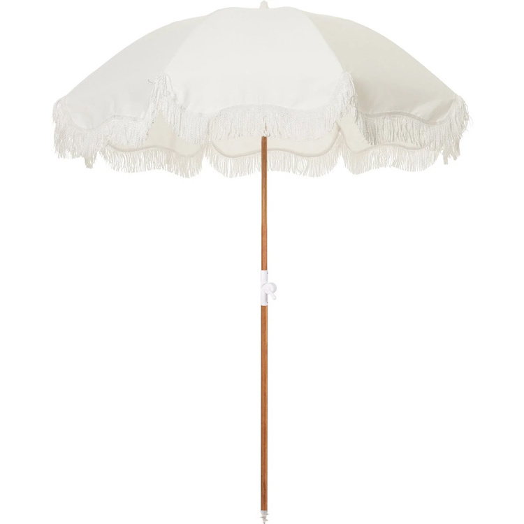 Luxury Custom 8ft Folded Portable Bohemian Boho Wooden Shaft Parasol Sun White Outdoor Beach Umbrella