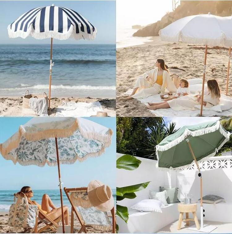 Luxury Custom 8ft Folded Portable Bohemian Boho Wooden Shaft Parasol Sun White Outdoor Beach Umbrella