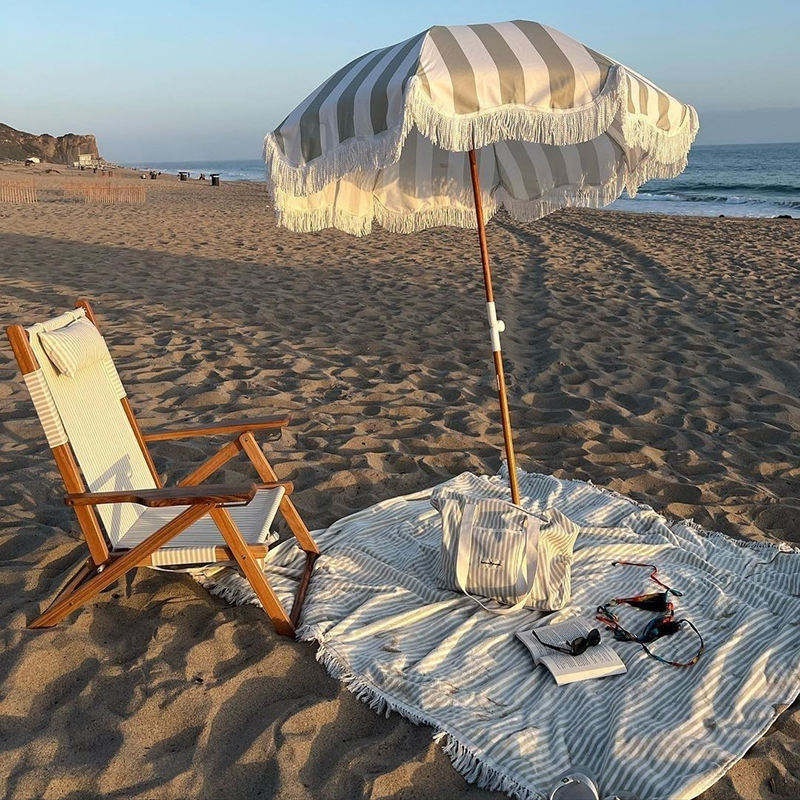 8ft Stripe Folded Portable Bohemian Boho Wooden Shaft Parasol Sun White Outdoor Beach Umbrella With Tassels Fringe