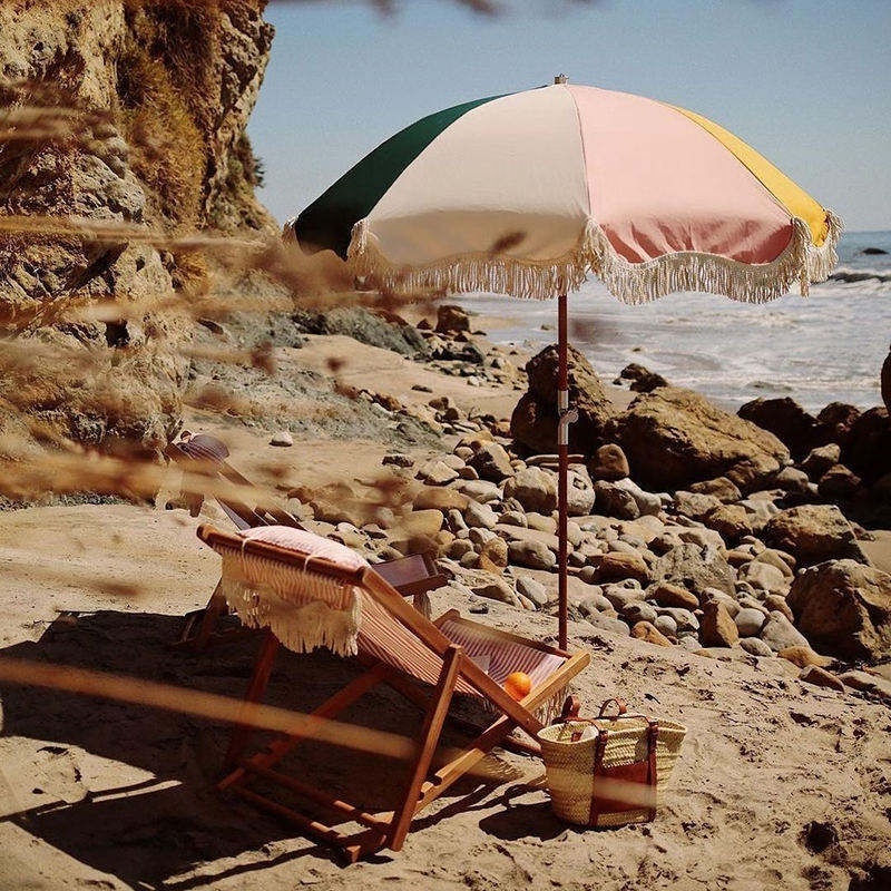 8ft Stripe Folded Portable Bohemian Boho Wooden Shaft Parasol Sun White Outdoor Beach Umbrella With Tassels Fringe