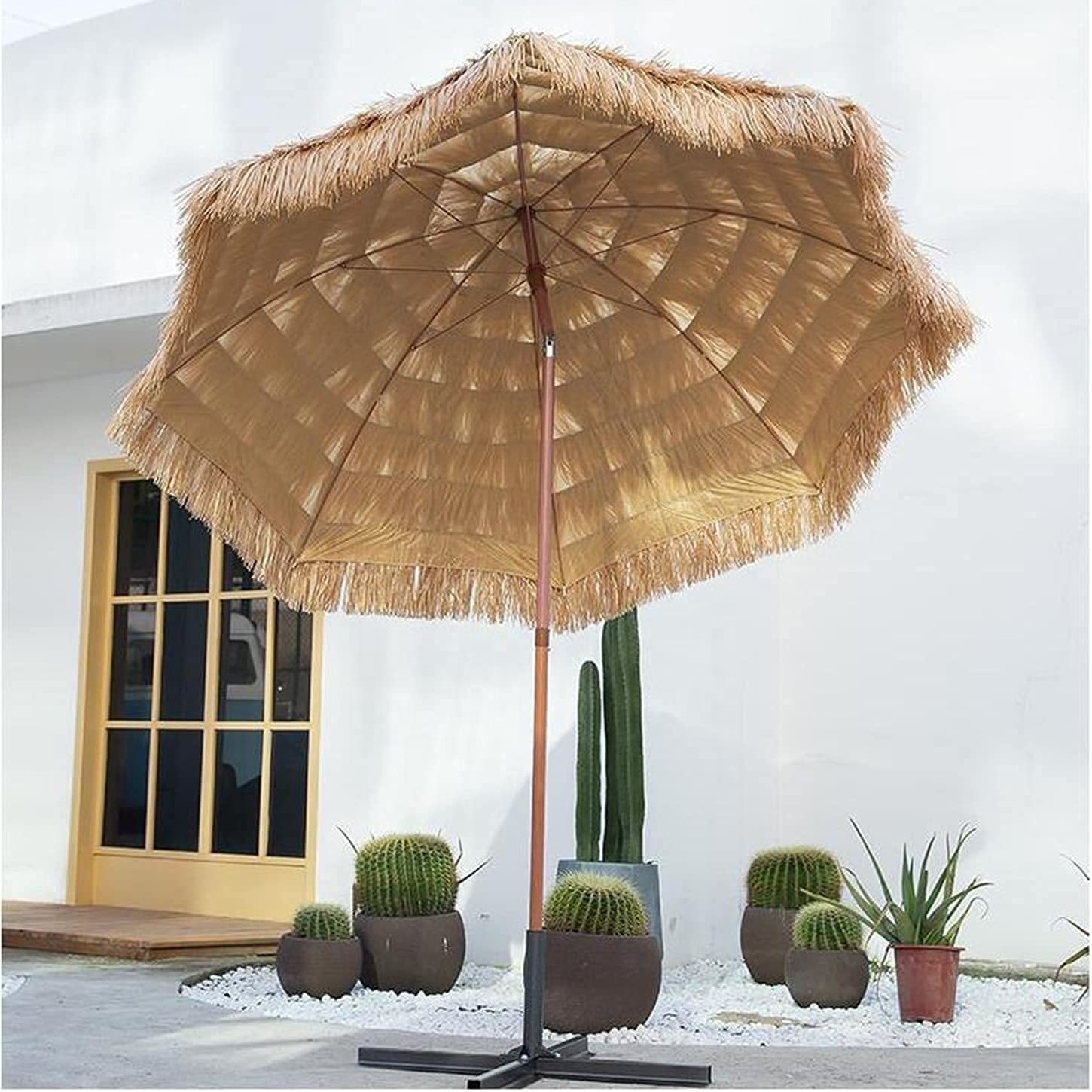 9ft PP Straw Pool Side Pole Fancy Garden Parasol Hawaiian Hula Beach Portable Folding Steel Umbrella