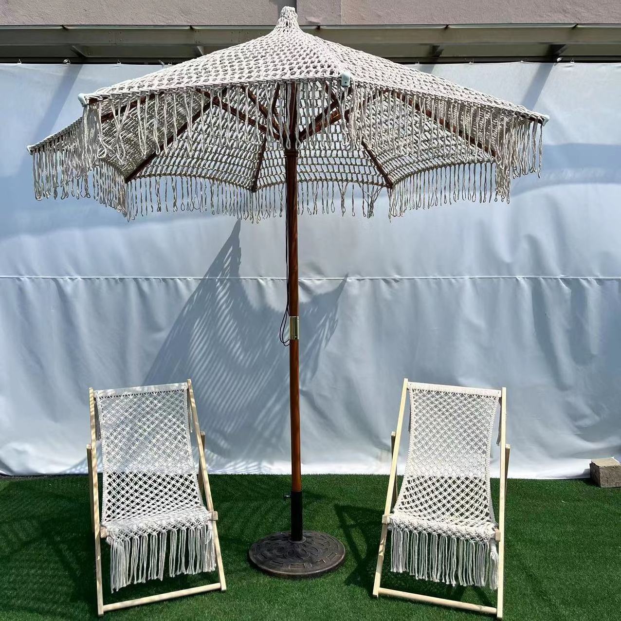 Macrame Umbrella with Fringe Including Chair for Beach Outdoors Sunshade Wood Updated New Design Polyester-cotton Blend 18KG