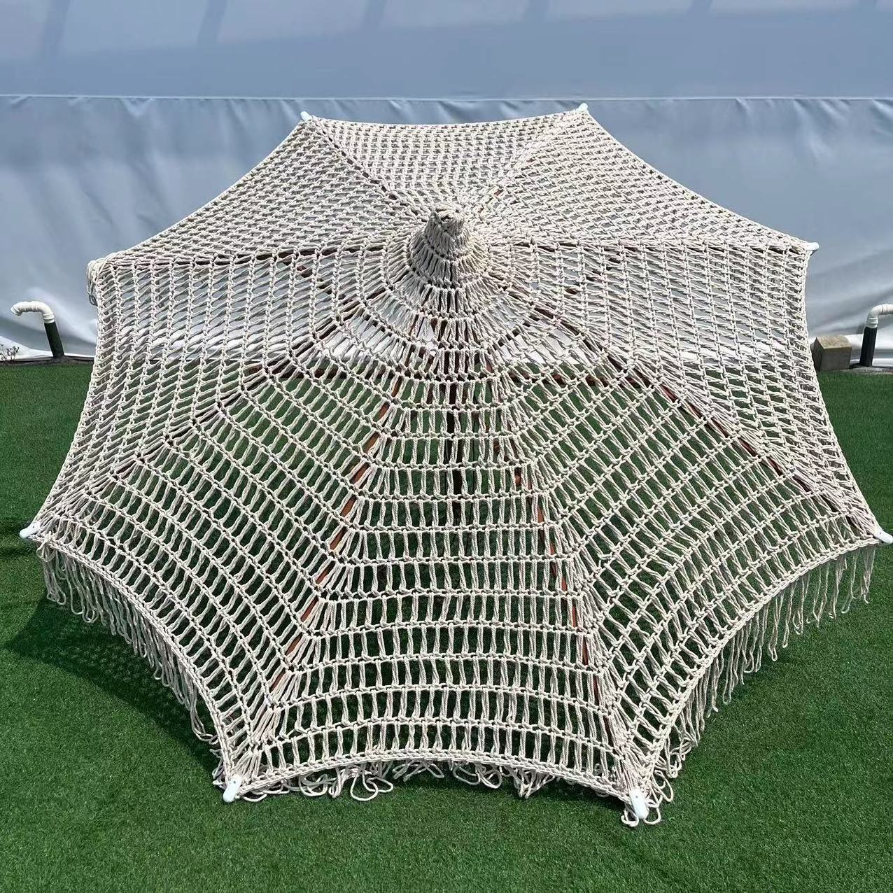 Macrame Umbrella with Fringe Including Chair for Beach Outdoors Sunshade Wood Updated New Design Polyester-cotton Blend 18KG