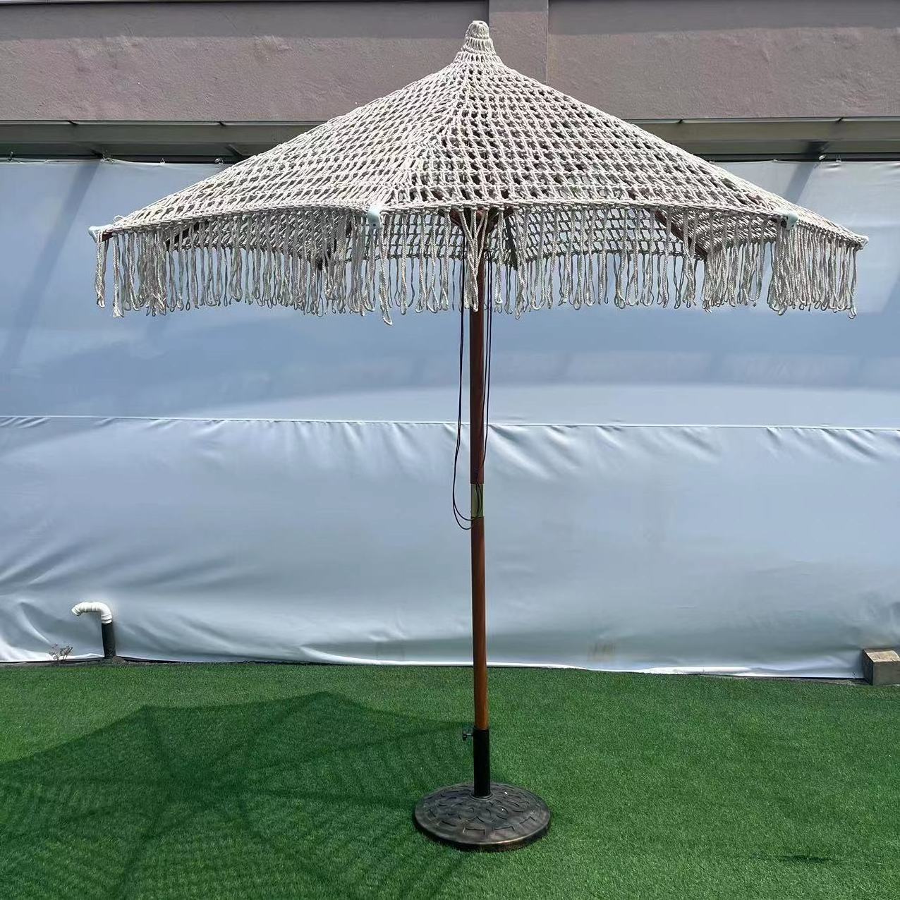 Macrame Umbrella with Fringe Including Chair for Beach Outdoors Sunshade Wood Updated New Design Polyester-cotton Blend 18KG