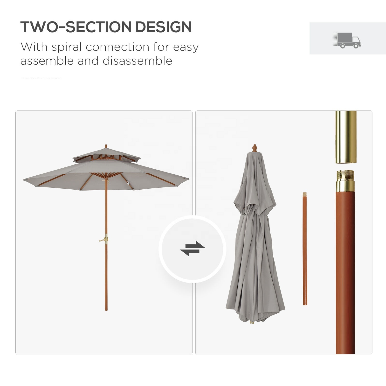 Customization 9FT/2.7M 8 Ribs Wood Patio Parasol Sun Shade Outdoor Garden Umbrella Canopy Grey with Crank Handle