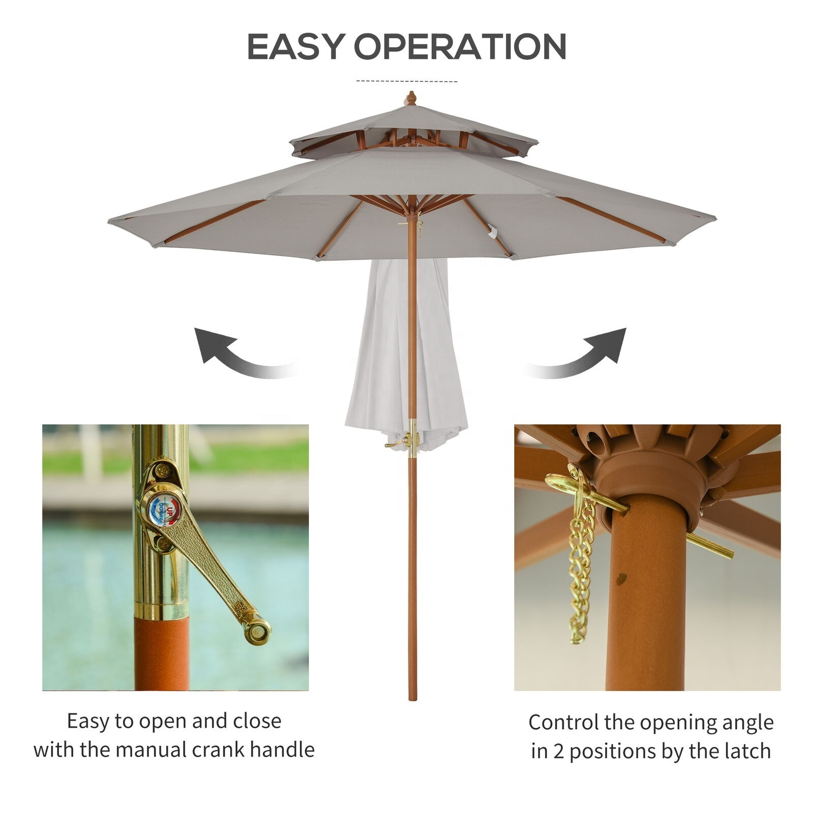 Customization 9FT/2.7M 8 Ribs Wood Patio Parasol Sun Shade Outdoor Garden Umbrella Canopy Grey with Crank Handle