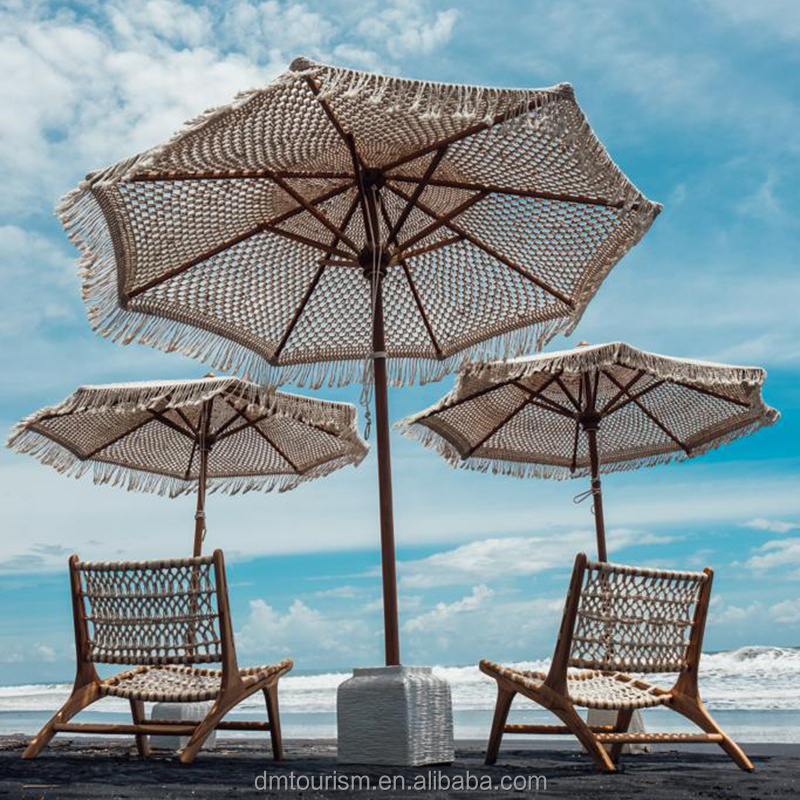 Outdoor Fringe Custom Parasol Beach Umbrella with Tassels Boho Macrame Wooden Cotton Wood Outdoor Furniture Traditional 25KG