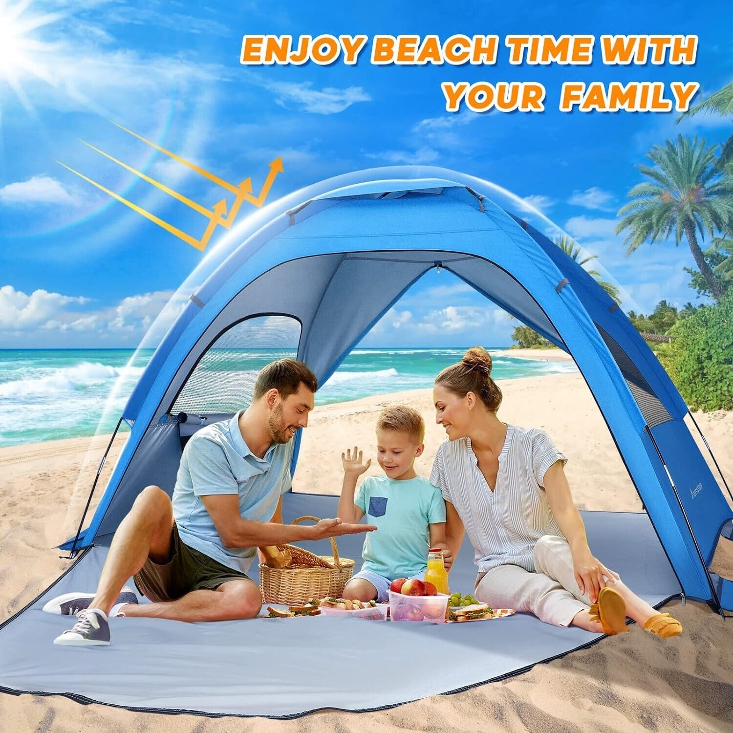 Beach Tent Sun Shade Shelter 3-4 Person Large Anti-UV Windproof Portable Lightweight Tent Canopy Cabana with Extendable Floor