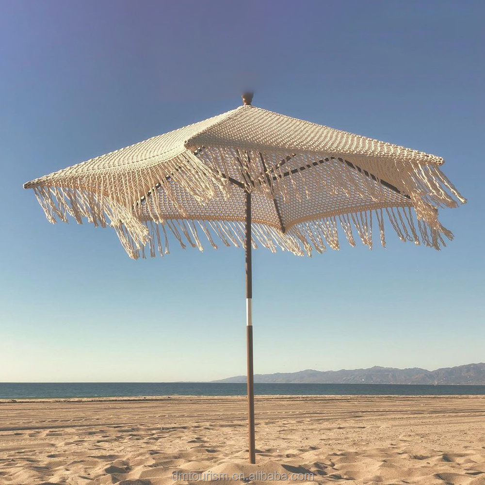 Outdoor Fringe Custom Parasol Beach Umbrella with Tassels Boho Macrame Wooden Cotton Wood Outdoor Furniture Traditional 25KG