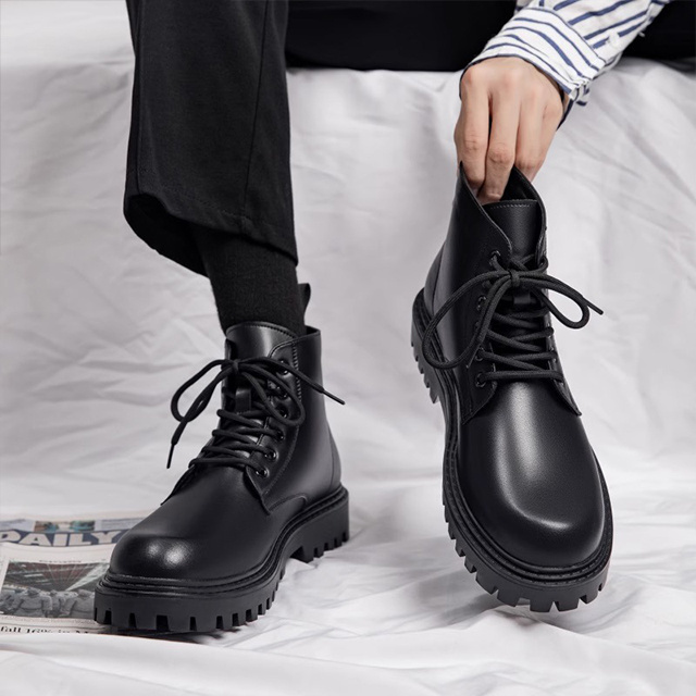 Men's Casual Platform Boots Black  Autumn Winter Shoes Cowboy Original Leather Boot Party Prom Dress Lace-UP Ankle Boots