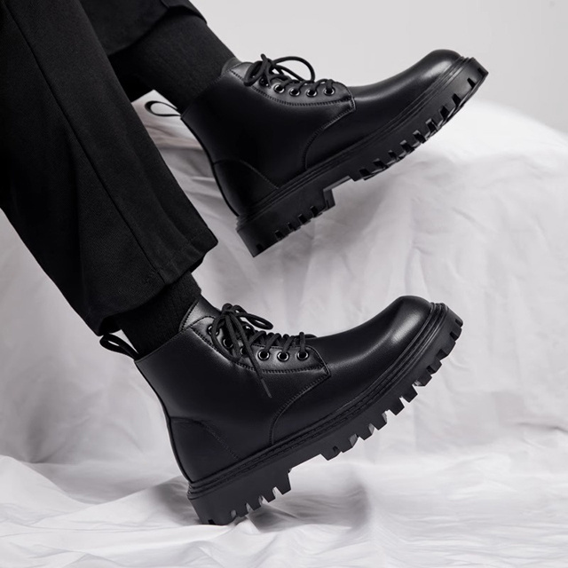 Men's Casual Platform Boots Black  Autumn Winter Shoes Cowboy Original Leather Boot Party Prom Dress Lace-UP Ankle Boots