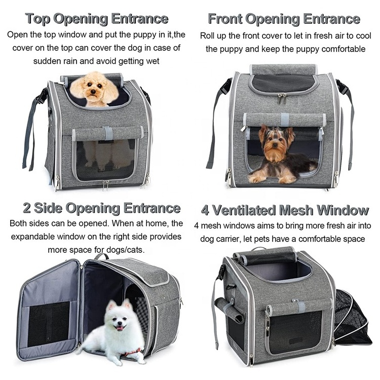 expandable foldable Soft-Sided pet backpack bicycle basket bag small car dog carrier bike gray with 4 Open Doors 4 Mesh Windows