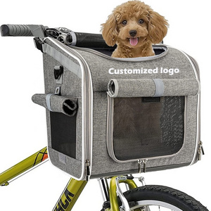 expandable foldable Soft-Sided pet backpack bicycle basket bag small car dog carrier bike gray with 4 Open Doors 4 Mesh Windows