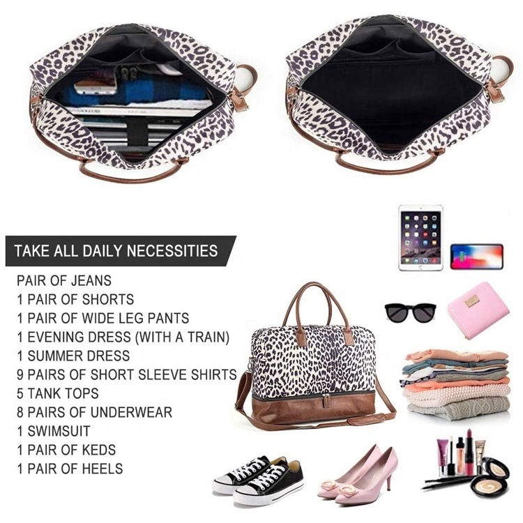 Large Lady Weekend Shoe Compartment Overnight Duffle Travel Shoes Sublimation Bags canvas Black Leopard Weekender Bag