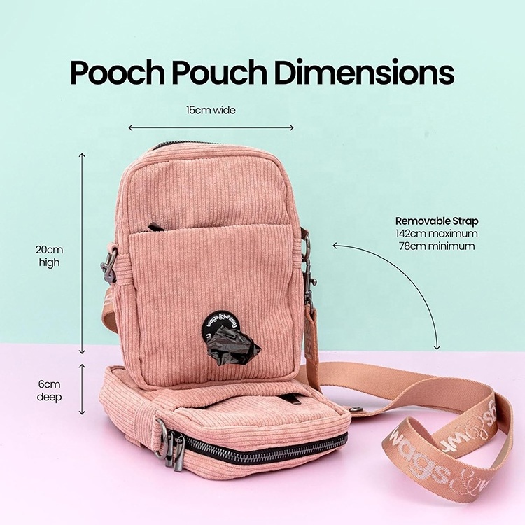 Custom design Built-in Poop Bag Dispenser stylish corduroy pet treat Holder shoulder training pouch dog walking crossbody bag