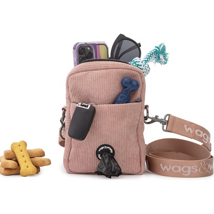 Custom design Built-in Poop Bag Dispenser stylish corduroy pet treat Holder shoulder training pouch dog walking crossbody bag