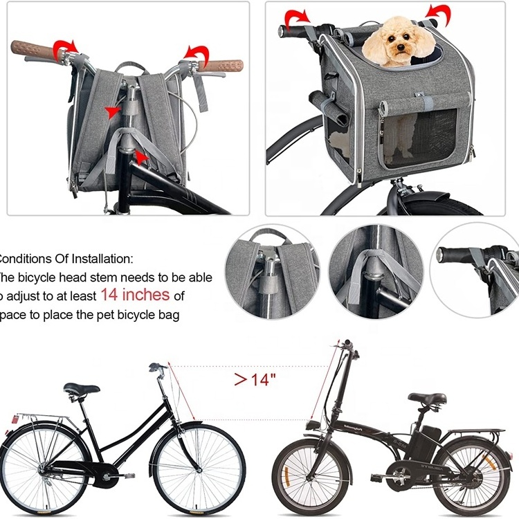 expandable foldable Soft-Sided pet backpack bicycle basket bag small car dog carrier bike gray with 4 Open Doors 4 Mesh Windows