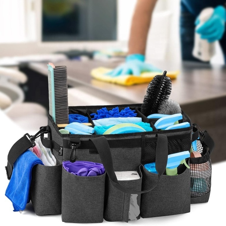 Portable Storage Organizer Supplies Housekeeper tote Cleaning Caddy Bag with 4 Foldable Dividers and Shoulder Strap