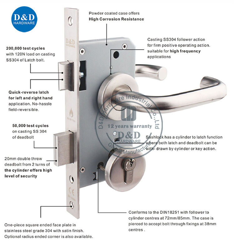 Stainless steel 304 European Fire Rated Bathroom mortise metal door lock for security