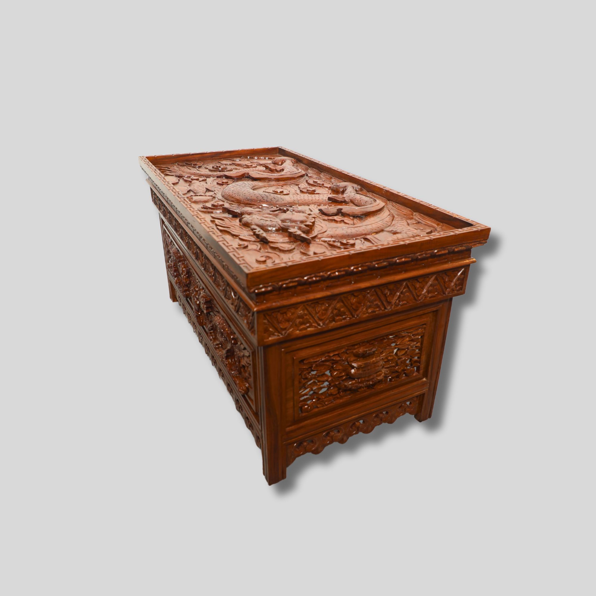 48 Inch Long High quality Tibetan alter furniture Wholesale | Hand Carved With Intricate Dragon Design Puja Table from Nepal