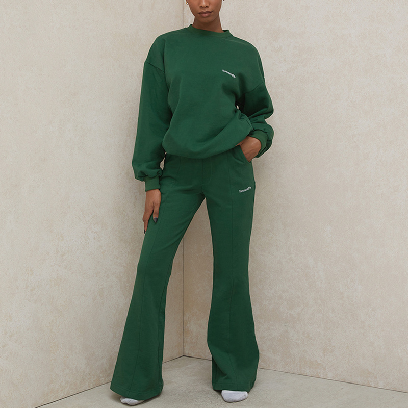 Custom Green Flared Leg Track Jogger Woman Stacked Pants Two Piece Set