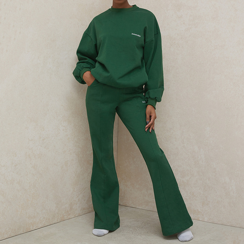 Custom Green Flared Leg Track Jogger Woman Stacked Pants Two Piece Set