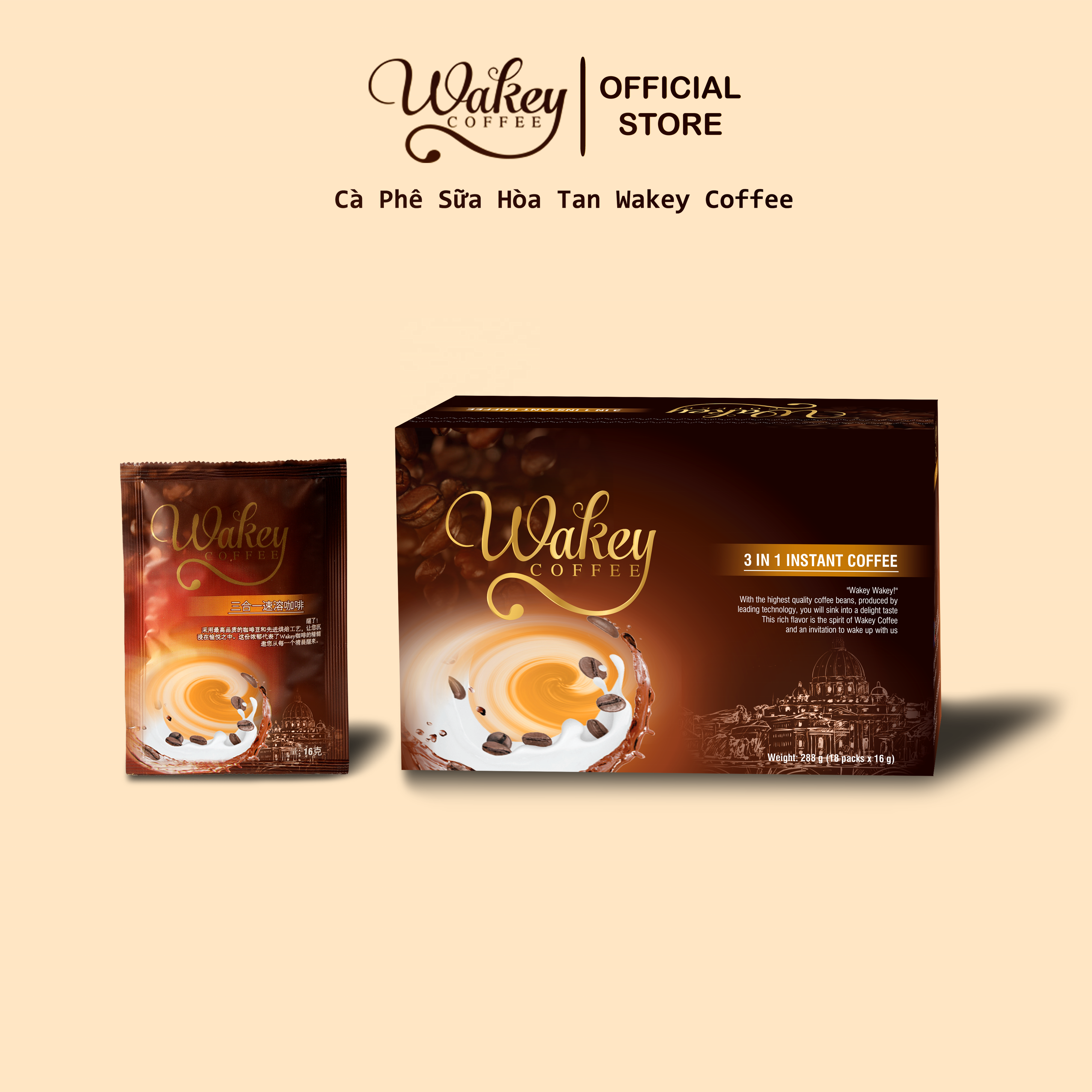 Wakey Instant Coffee 3in1 Paper Box 18 sachets Vietnamese Organic Products New Taste Tropical Special Aroma Wholesales