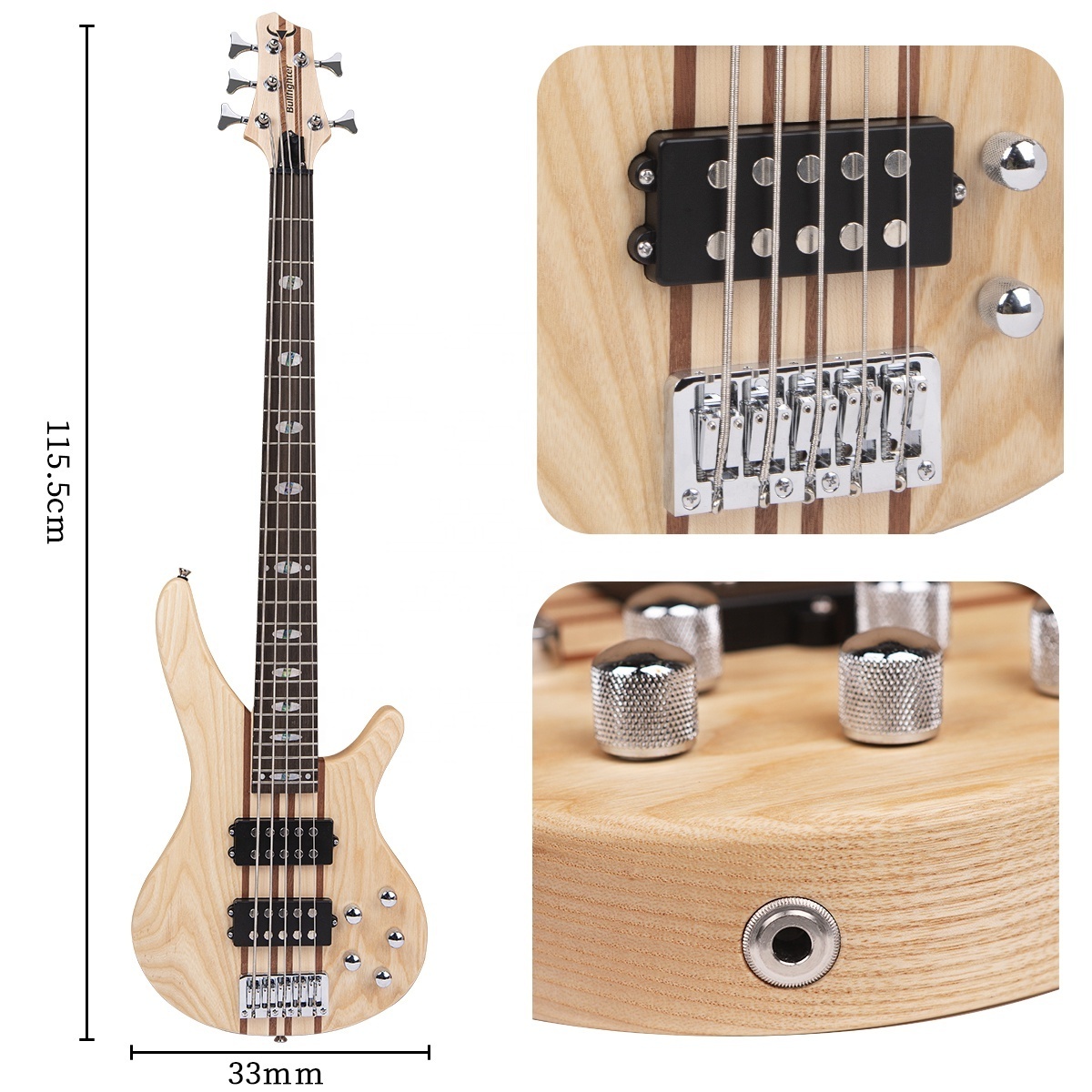 Manufacturer supply High Grade Neck-thru-Body bass Solid Elm Active pickups Natural color 6 strings Electric Bass Guitar