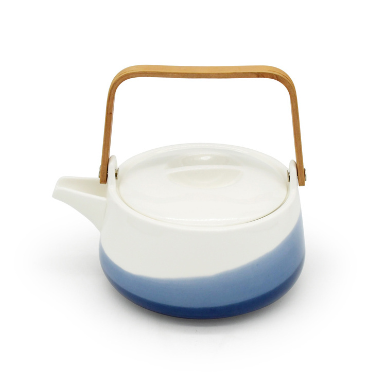 Hot Wholesale New Less Simple Bleu Collection ceramic1000cc Teapot  Blue with Bamboo Handle