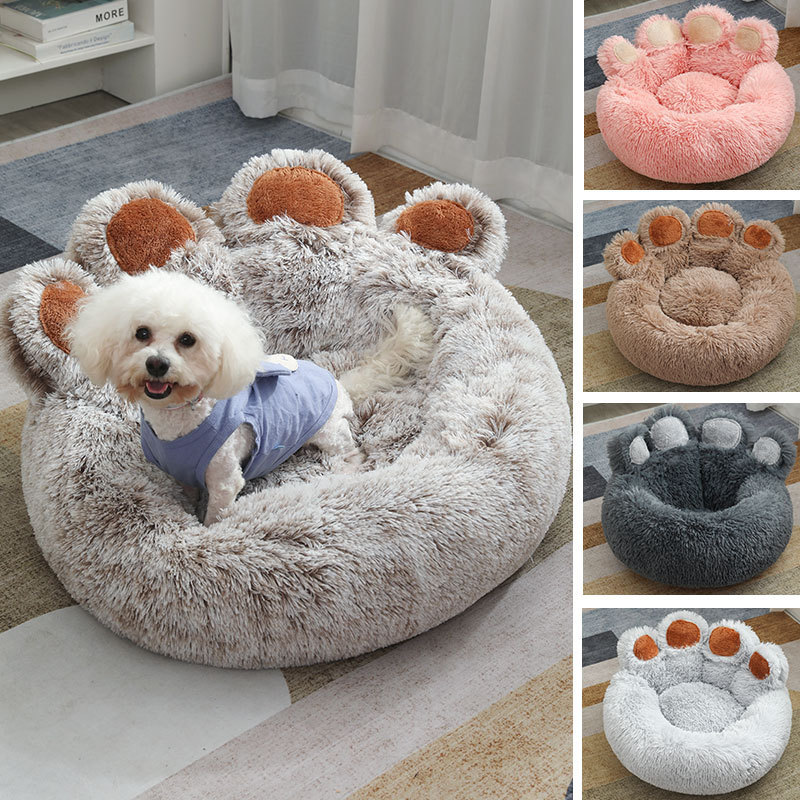 Anti-Anxiety Donut Warming Cozy Soft Round Cat Bed Plush Bear Paw Pet Dog Bed Custom Dog Matress Wholesale Bed For Dog