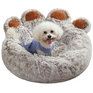 Anti-Anxiety Donut Warming Cozy Soft Round Cat Bed Plush Bear Paw Pet Dog Bed Custom Dog Matress Wholesale Bed For Dog