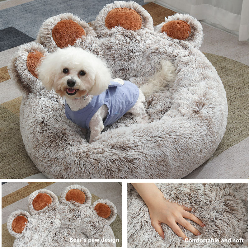 Anti-Anxiety Donut Warming Cozy Soft Round Cat Bed Plush Bear Paw Pet Dog Bed Custom Dog Matress Wholesale Bed For Dog