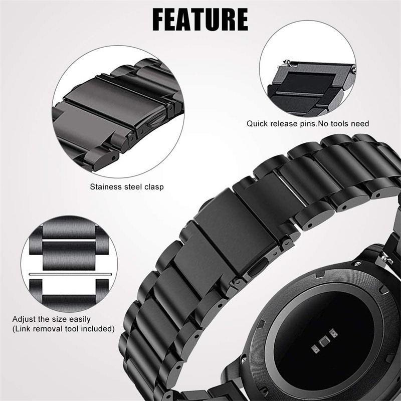 Business 16mm 18mm 20mm 22mm Titanium Three Beads Metal Watch Band Straps for Huawei Samsung Garmin Smart Watch