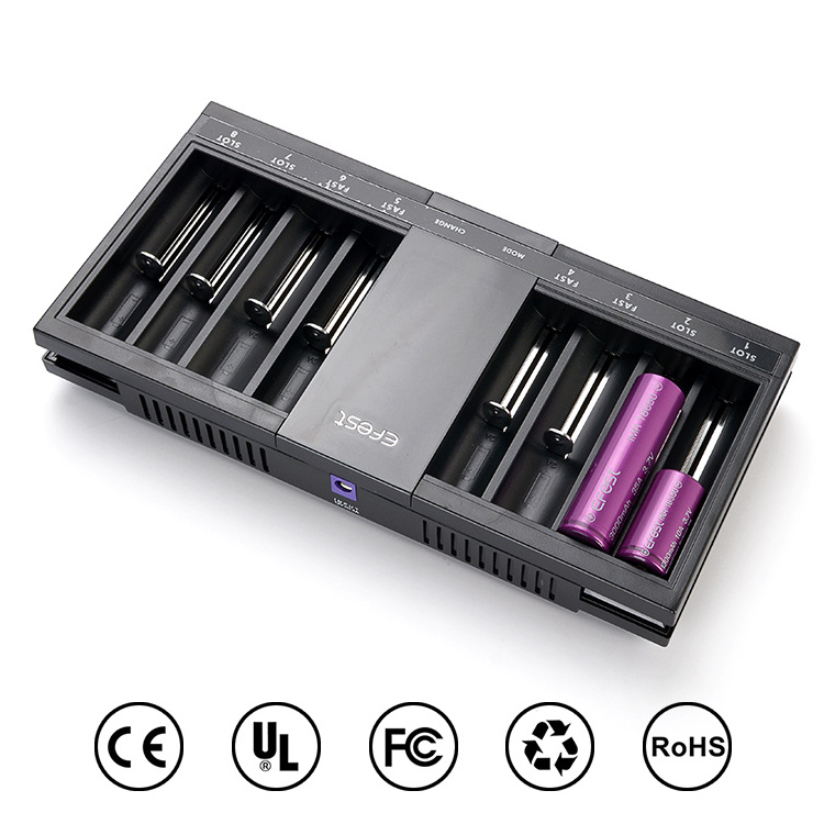 Smart Powerbank Charger 8 Port Efest Luc V8 2 Lcd Screen 2 Usb 12V 2A 3.7V 18650 18350 21700 Lithium Batteries Charger