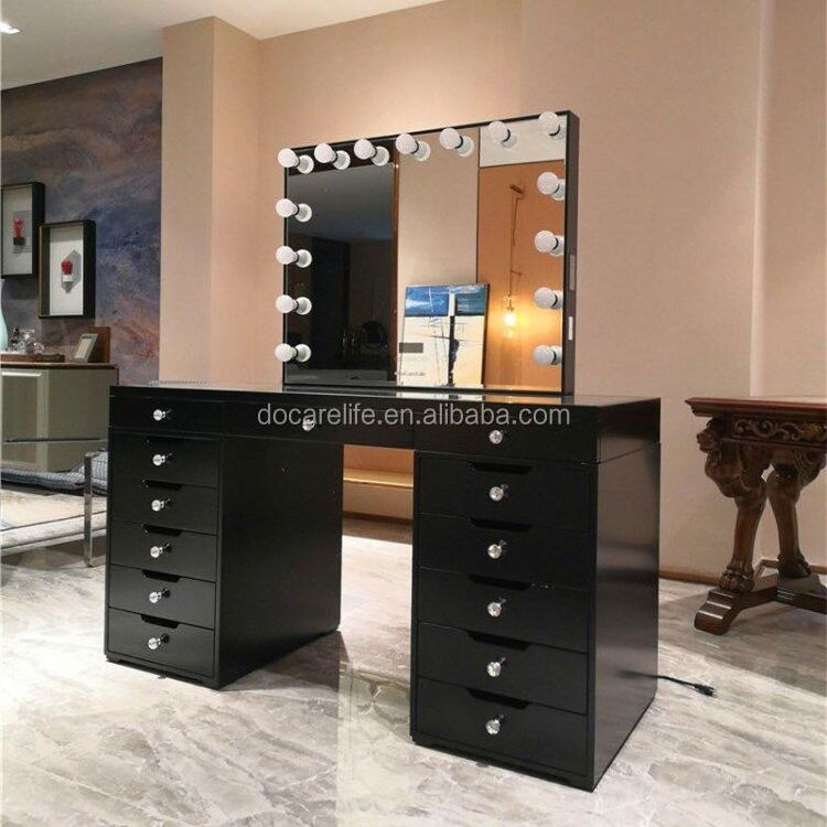 Stock in US! Docarelife Modern Girls Glass Makeup Desk Lighted Mirror Hollywood Dresser with Vanity 13 Drawers