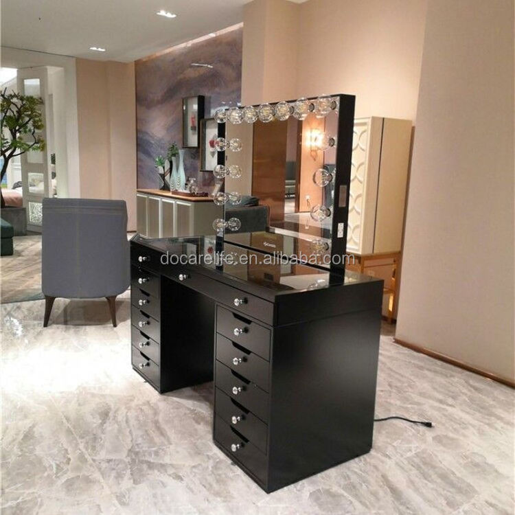 Stock in US! Docarelife Modern Girls Glass Makeup Desk Lighted Mirror Hollywood Dresser with Vanity 13 Drawers