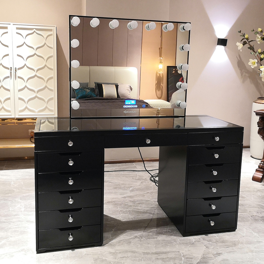 Stock in US! Docarelife Modern Girls Glass Makeup Desk Lighted Mirror Hollywood Dresser with Vanity 13 Drawers