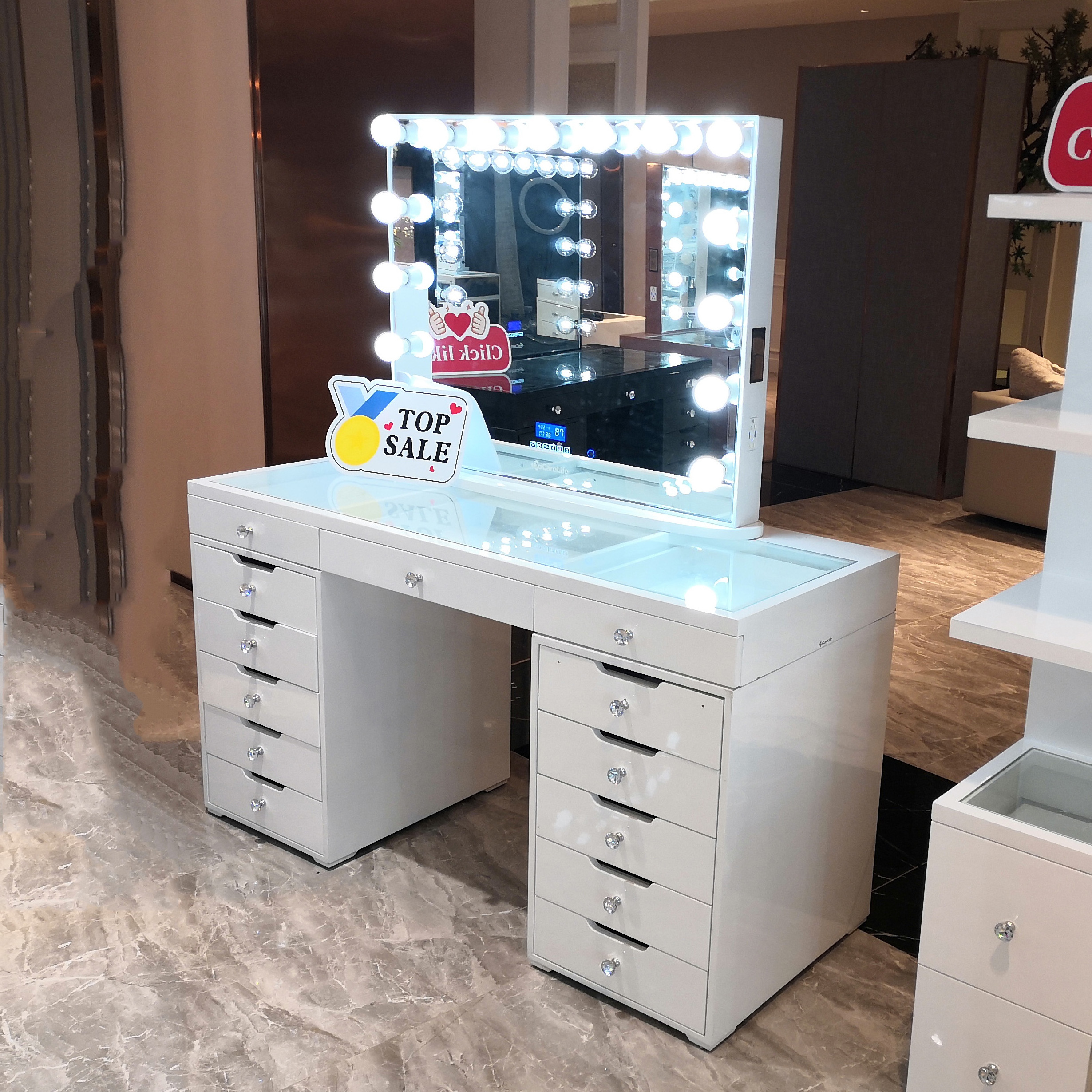 Stock in US! Docarelife High Glossy White Wood Modern Panel MDF Glass Top Dressing Table Makeup Vanity Bedroom Dressers