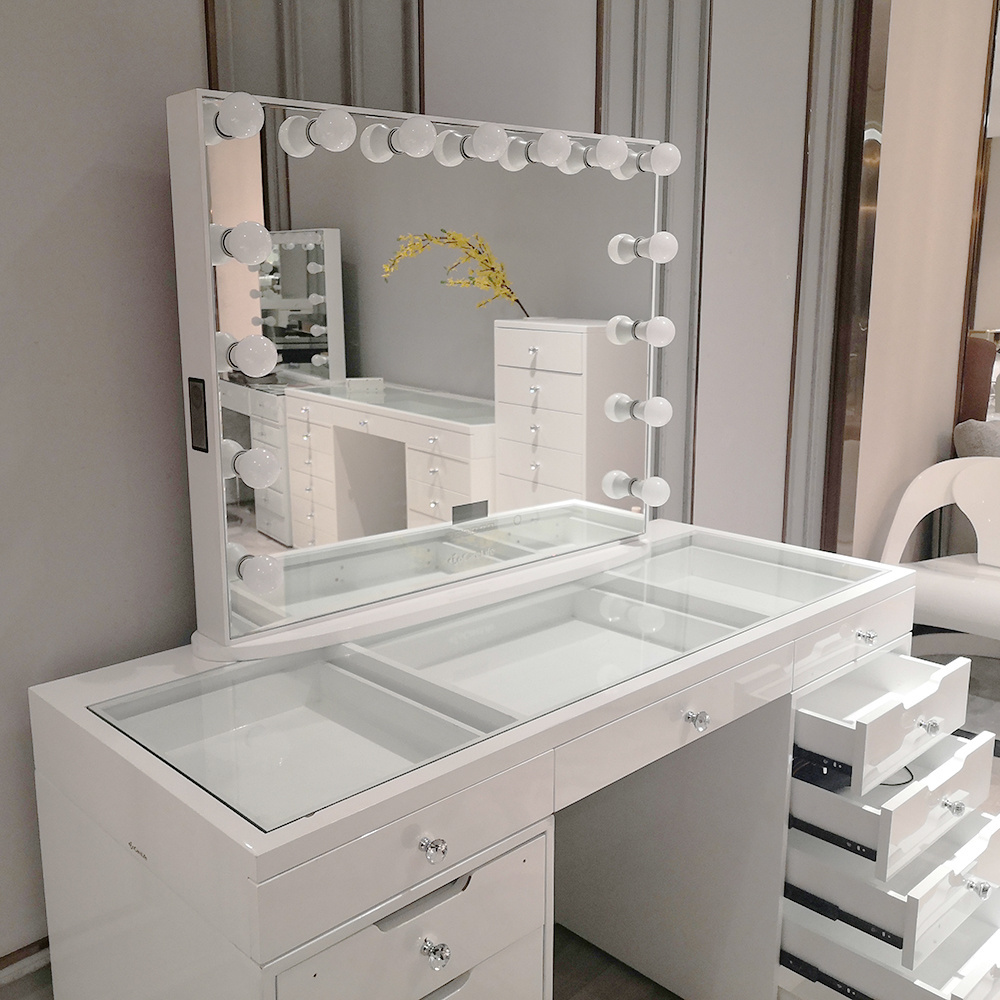 Stock in US! Docarelife High Glossy White Wood Modern Panel MDF Glass Top Dressing Table Makeup Vanity Bedroom Dressers