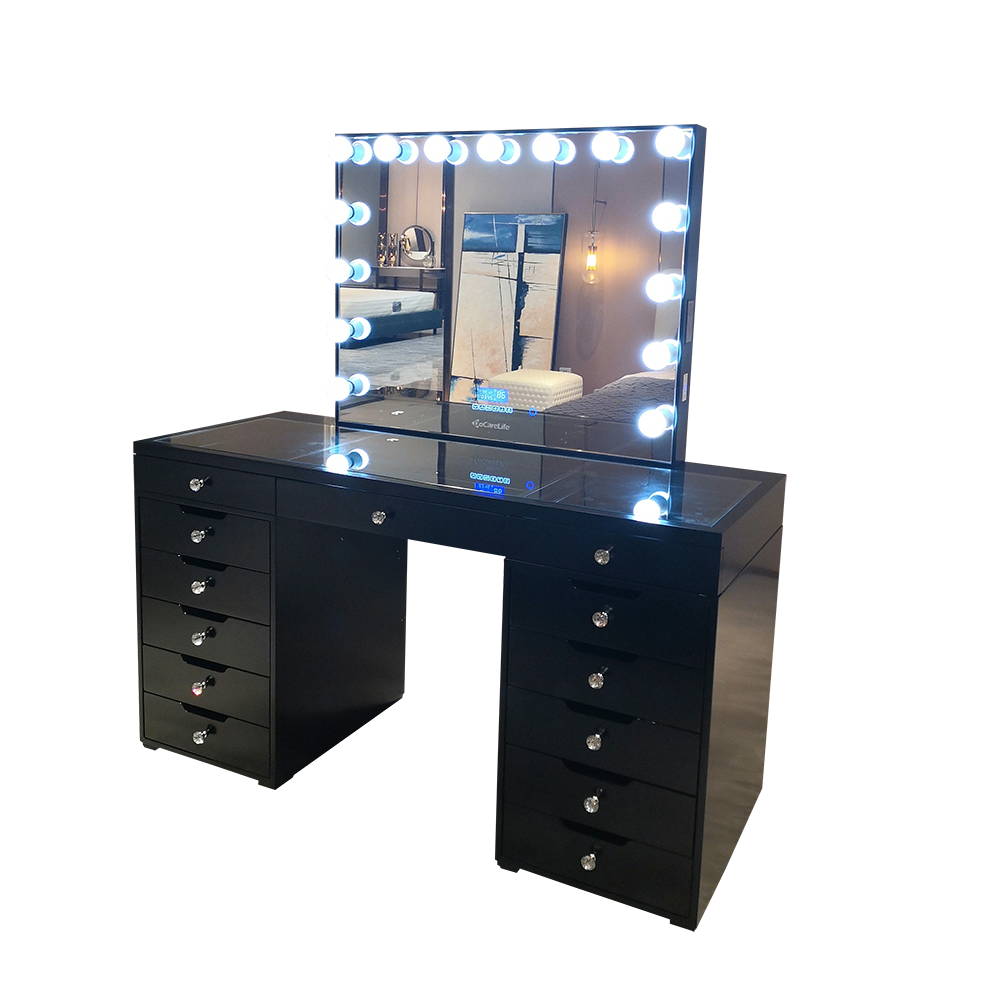 Stock in US! Docarelife Modern Girls Glass Makeup Desk Lighted Mirror Hollywood Dresser with Vanity 13 Drawers