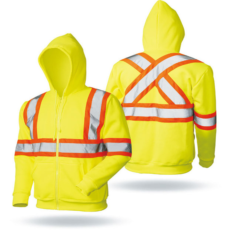 Hi Vis hoodie men custom logo workwear cotton fleece road safety hoodies work uniform hooded jumpers high visibility jackets