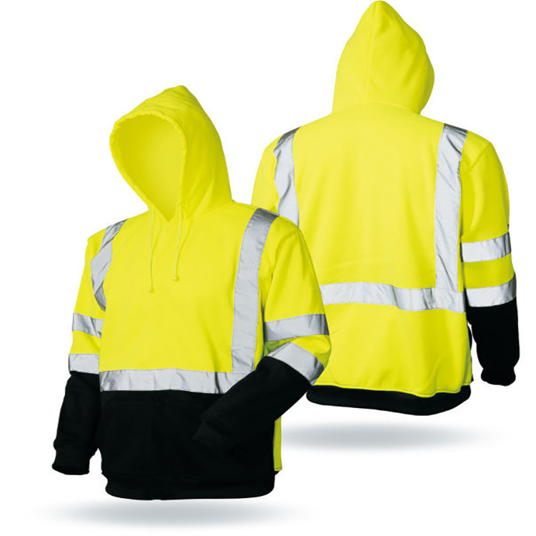 Hi Vis hoodie men custom logo workwear cotton fleece road safety hoodies work uniform hooded jumpers high visibility jackets