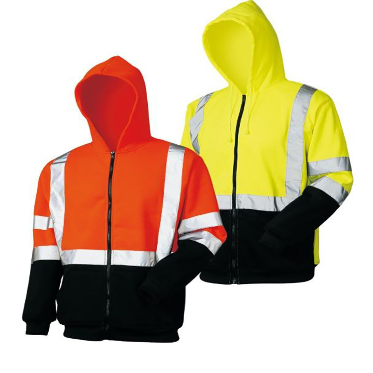 Hi Vis hoodie men custom logo workwear cotton fleece road safety hoodies work uniform hooded jumpers high visibility jackets