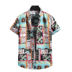 Custom high quality stretch elastic vacation casual men shirt button down collar beach hawaiian t-shirt