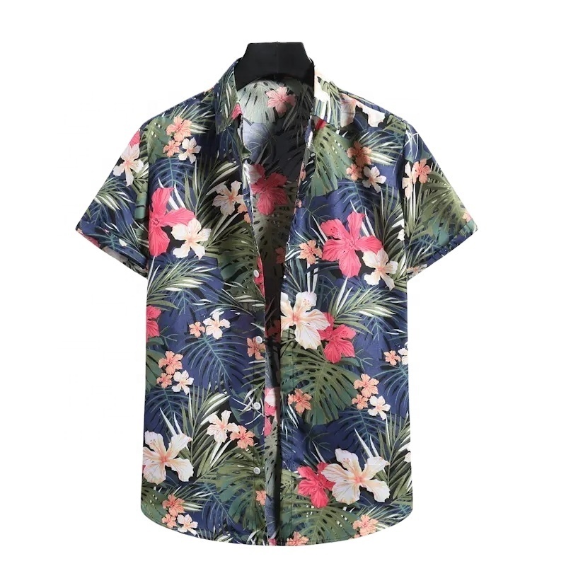 Custom high quality stretch elastic vacation casual men shirt button down collar beach hawaiian t-shirt